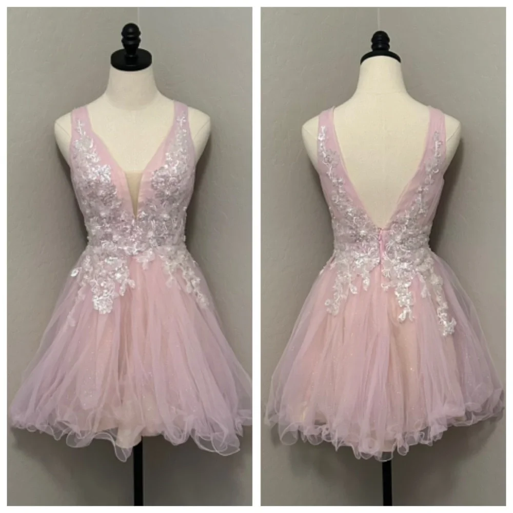 🔴CLEARANCE NEW JOVANI SZ 12 LIGHT PINK BEAD SHIMMER TULLE FIT FLARE FORMAL DRESS